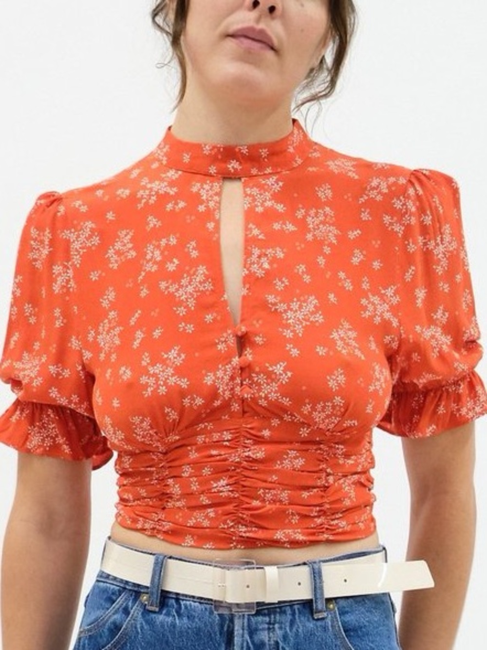 Auguste The Label Floral Ruched Keyhole Puff-Sleeve Top